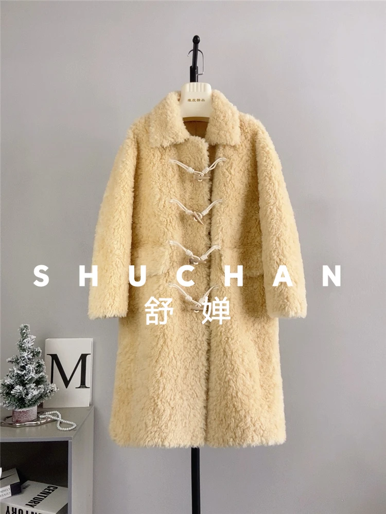 معطف صوف 100% للسيدات جديد دافئ لقص الأغنام معطف طويل من الصوف الخالص بإبزيم من الفرو Casacos Femininos Inverno 2025 #3