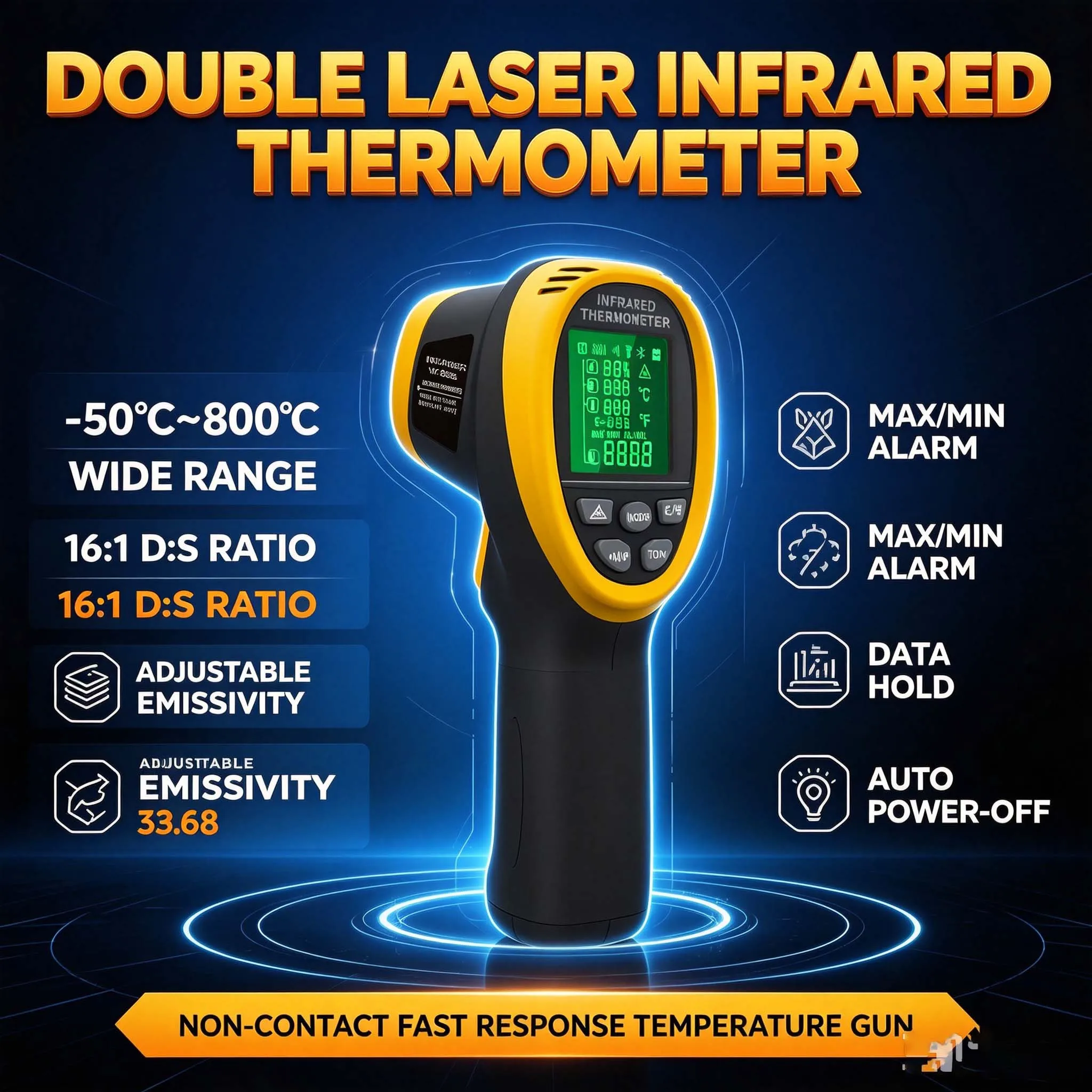 Professional Dual Laser Infrared Thermometer Gun -58~1472°F Non-Contact Digital Temp Gauge with Adjustable Emissivity, 16:1 D:S,