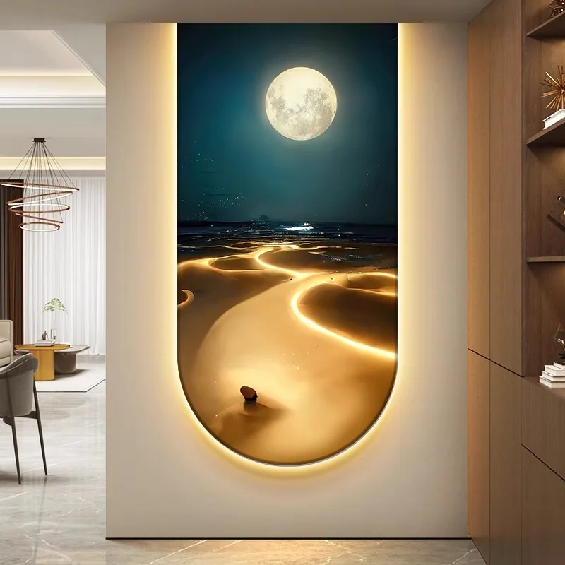 LED Ocean Waves Entrance Decoration Painting Moon Aurora Corridor End Hanging Painting Light Luxury Sea View Home Light Mural
