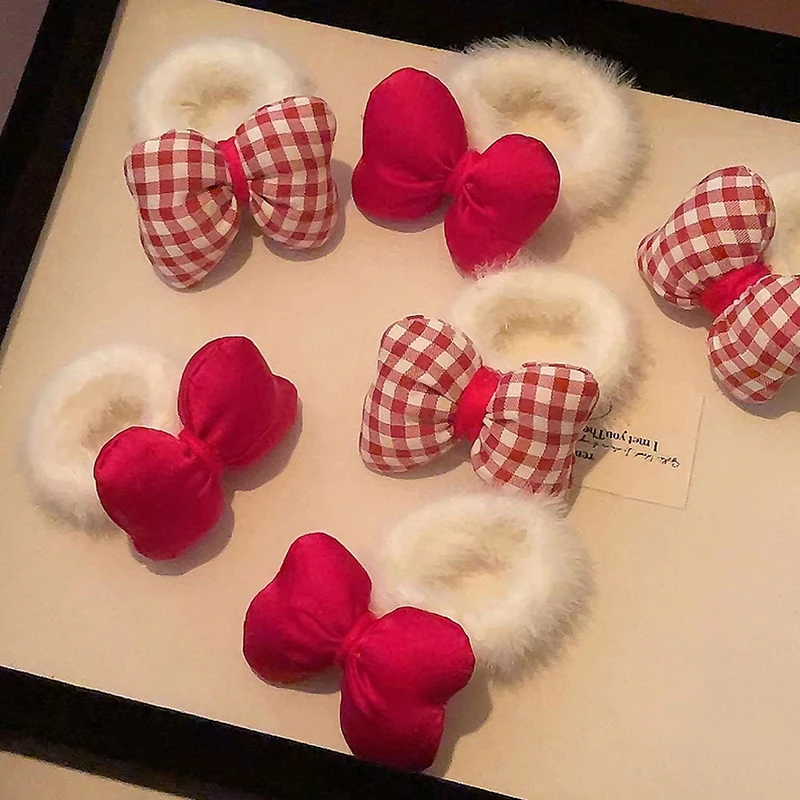 Red Bow Hair Ties Children Plush Hair 2pc Ropes Checkered Bowknot Elastic Rubber Bands Children Girl Ponytail Headwear Headdress