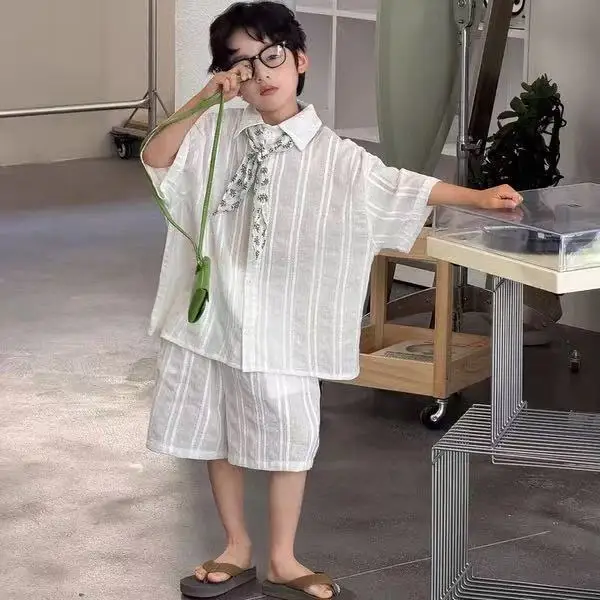 Kids Boys Casual 2-Piece Set, White Vertical Striped Button-Up Shirt + Matching Shorts, Summer Linen-Like Outfit for Toddlers