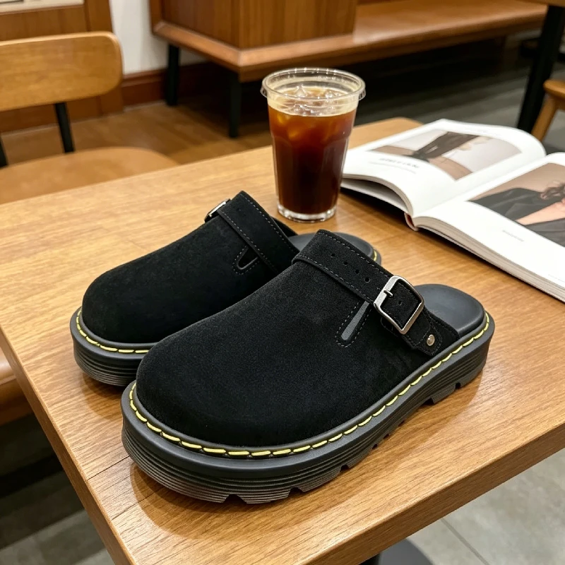 

Half Slippers for Men Fashion Big Leather Casual Slippers Summer Non Slip Beach Shoes Classic Clogs Shoes Men's Slippers