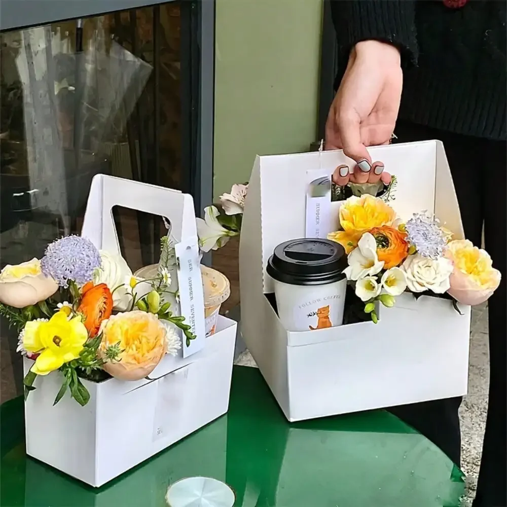 10pcs Coffee Flower Box, Portable Hand Gift Flower Arrangement Basket, Valentine's Day Kraft Paper Flower Box