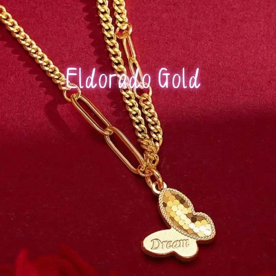Eldorado Gold  Light Luxury 9999 24K Real Gold Dragon Scale Butterfly Set Chain Necklace with One Piece Chain Pendant and Collar