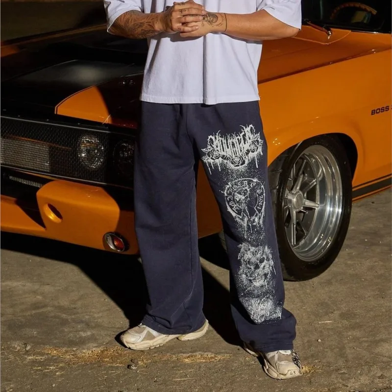 

2025 YOUNGLA American streetwear brand men's sports pants, gym sports and fitness loose straight print casual trousers