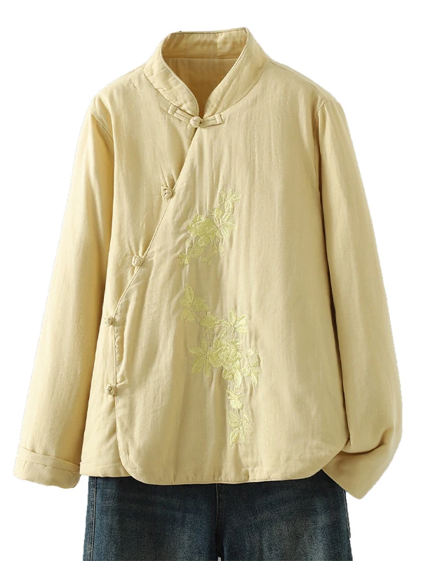 سترة من القطن مع أزرار جانبية مطرزة، ملابس خارجية نسائية صينية لموسم الشتاء، ياقة واقفة طويلة
