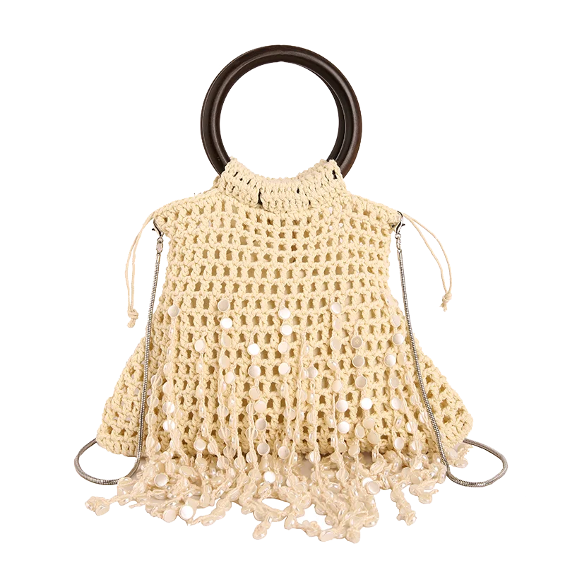 Boho Hand Crochet Tassel Handbag Wooden Ring Handle Woven Hollow Shoulder Bag Summer Beach Holiday Casual Retro Straw Bag