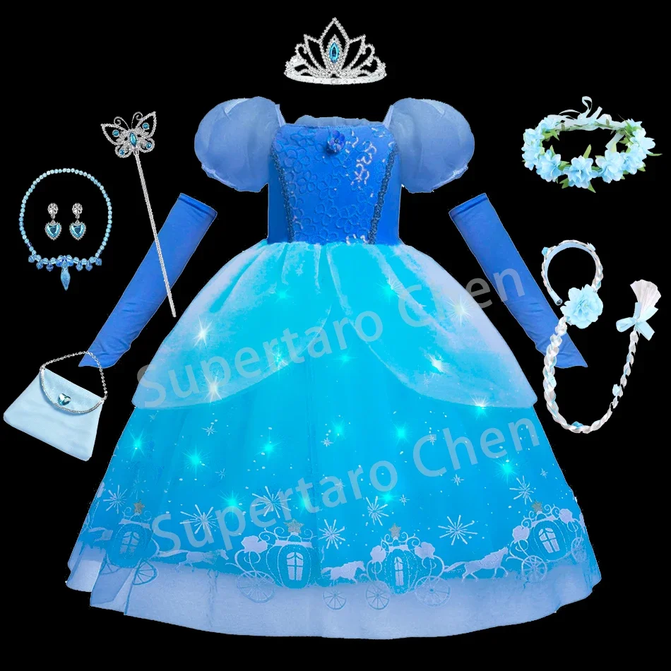 Girls Cinderella Dress Haloween Cosplay Costume with LED Lights Princess Accessories Kids Birthday Party Christmas Evening Dress