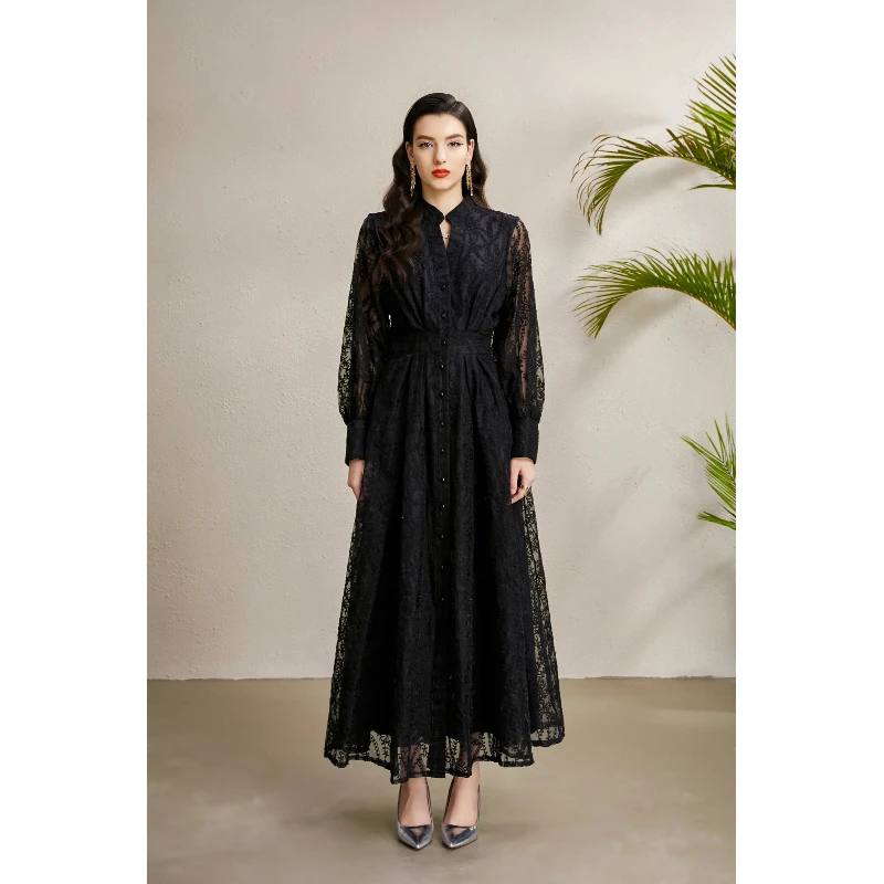 

Elegant Long Lantern Sleeve V-Neck Black Dress Embroidered A-Line Skirt Polyester Fabric Travel Suitable for All Seasons