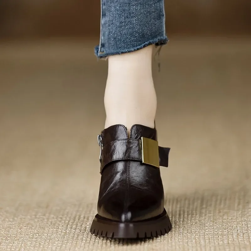 2024 New Soft Leather Women Ankle Boots Platform Short Booties Winter Botas Warm Shoes Round Toe Back Zip Black Brown