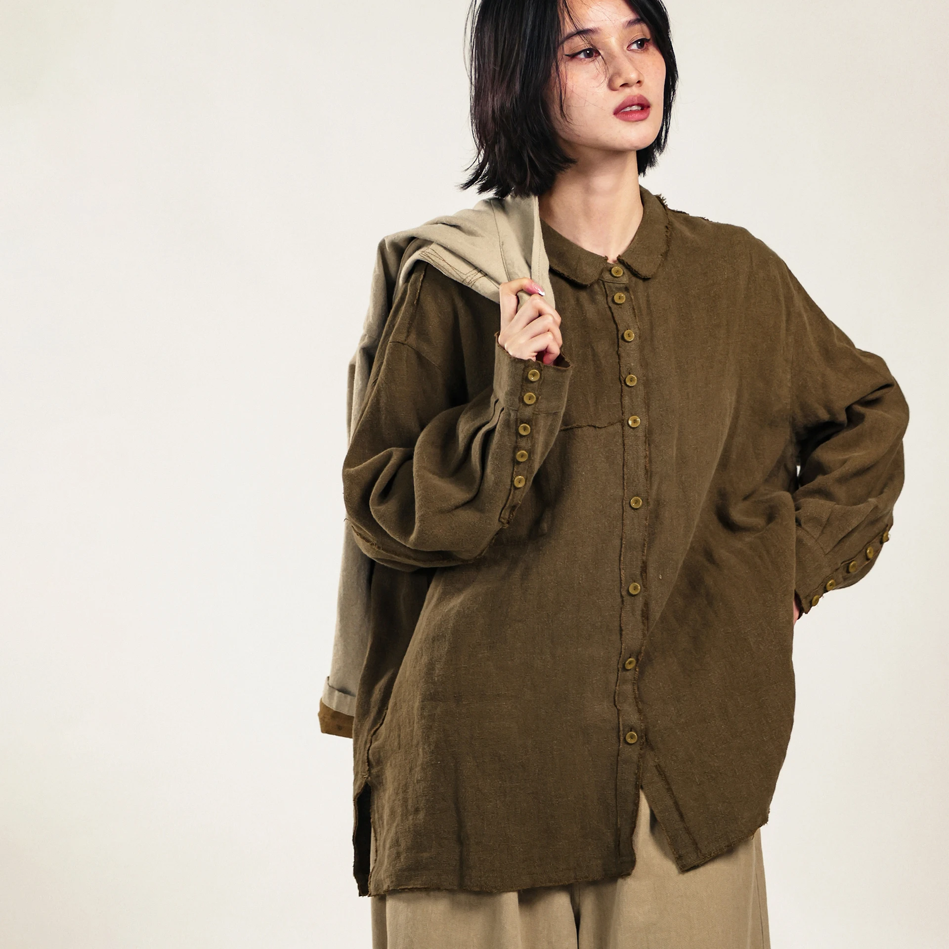 

Loose Fit Linen irt Women's Autumn Top Breathable Artistic Sle Long Sve Open Cardigan oulder Loose irt