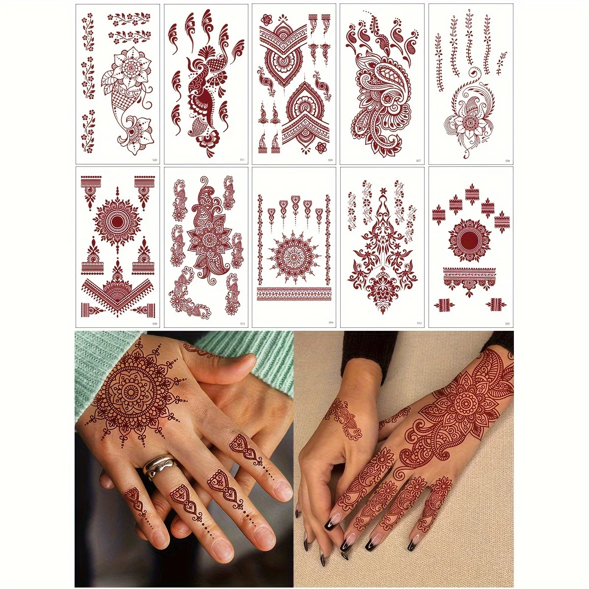 

10pcs Set Red & Brown Vintage Henna Temporary Tattoo Stickers - Intricate Mandala, Floral, Arabic Calligraphy & Indian Motifs