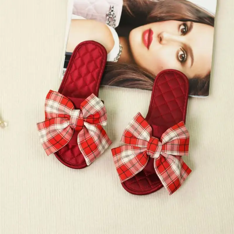 

Women Flat Sole Plaid Bowknot Home Slippers Summer New Soft sole Non Slip Lightweight Sweet One Word Slippers Floor Slippers