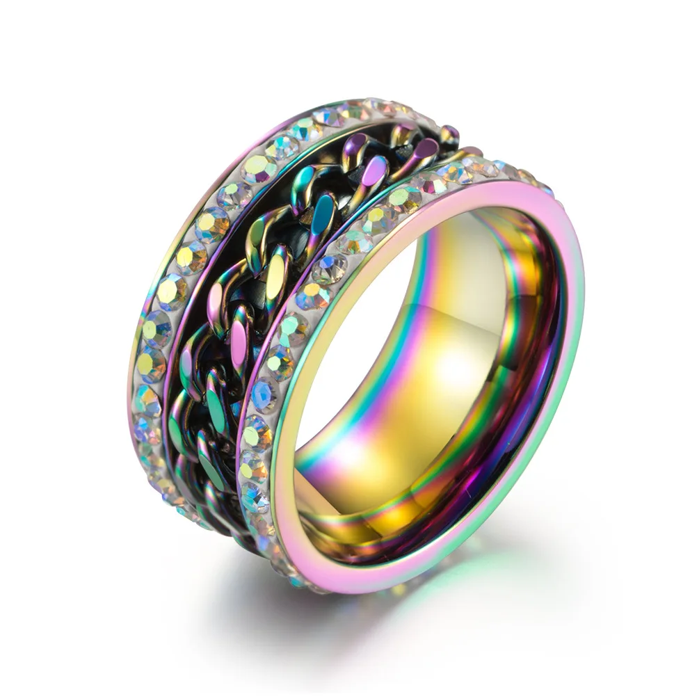 Rotatable Colorful Stainless Steel Ring Women‘s Men\'s Fashion Jewelry with Chain Inlay Comfort Fit