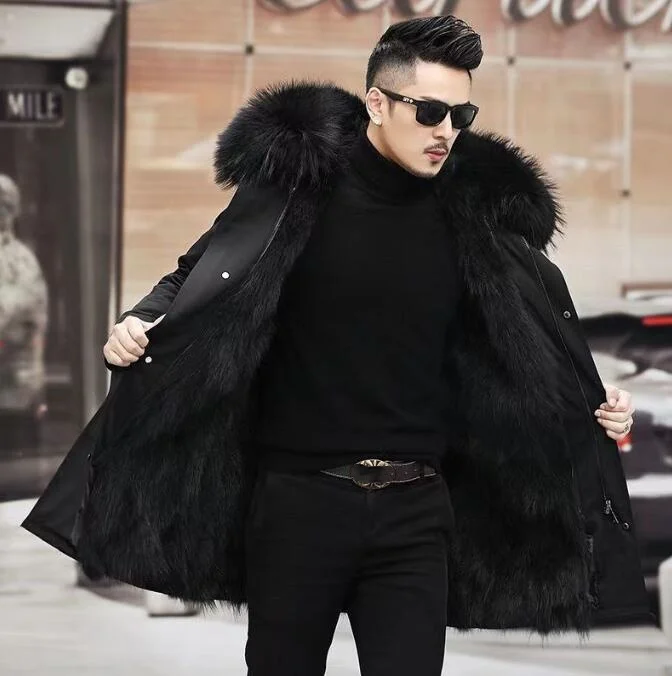 Fashion Men's Mid-Length Parka Coat Faux Fur Coat Detachable Fur Inteated Long sleeve Hooded Casual Outerwear Winter Warm Coat