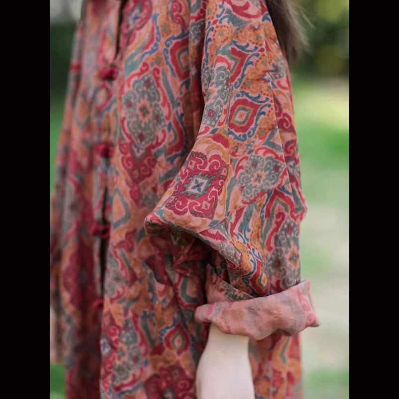 春夏中国風の女性長袖ルーズブラウスコート良質ラミーシングルブレストプリントヴィンテージシャツ TJ44