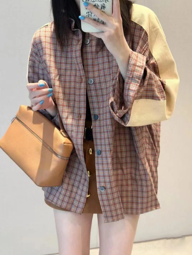 New Women's Fashion Exquisite Top for Early Autumn 2024, Lazy Style, Casual, Khaki, Checkered Loose Shirt Coat