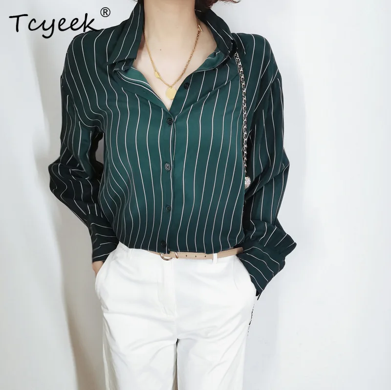 

Tcyeek 100%Real Silk Stripe Shirt Women Polo Neck Balloon Sleeves Simple Versatile Temperament Commute Blouse Spring T41137QD