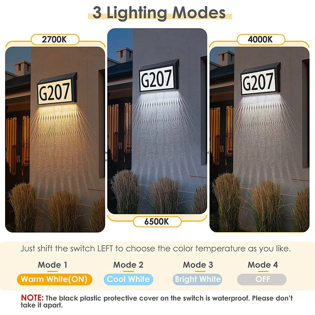 Impermeável Solar Powered Address Sign, House Numbers, Modos de iluminação de 3 cores, LED iluminado, Placa com estacas, Home Decor