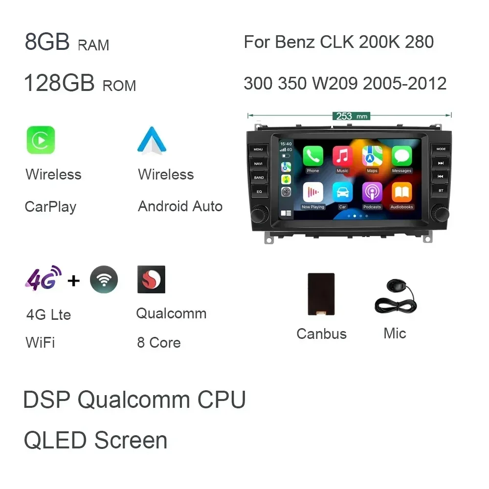 720P Carplay 8 "Android 14.0 8G + 256G Auto Dvd-speler Autoradio GPS navigatie Voor Benz CLK 200K 280 300 350 W209 2005-2012 Radio