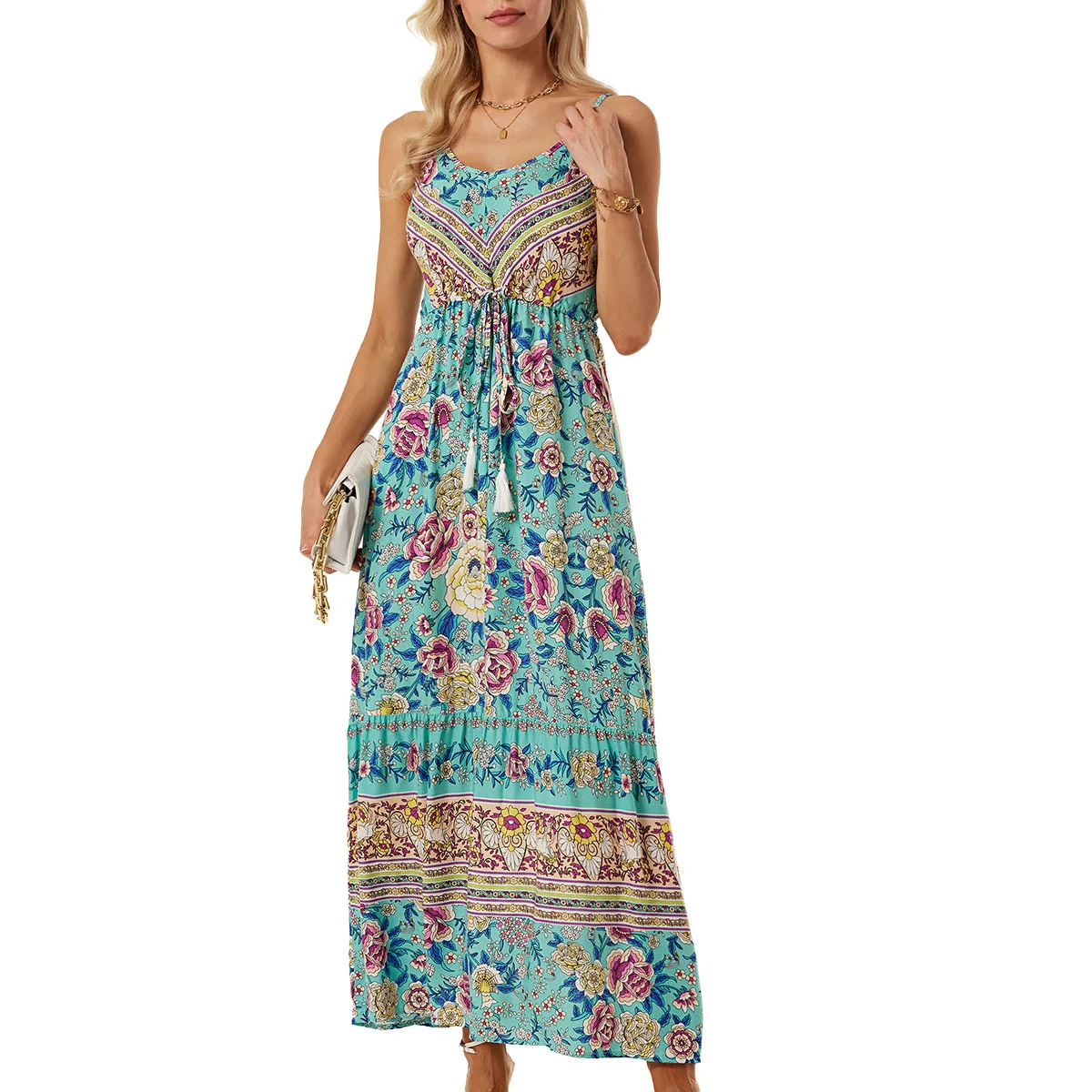 Wmen's Bohemian Halter Dress Printed Vacation Beach Misty Long Dresseso