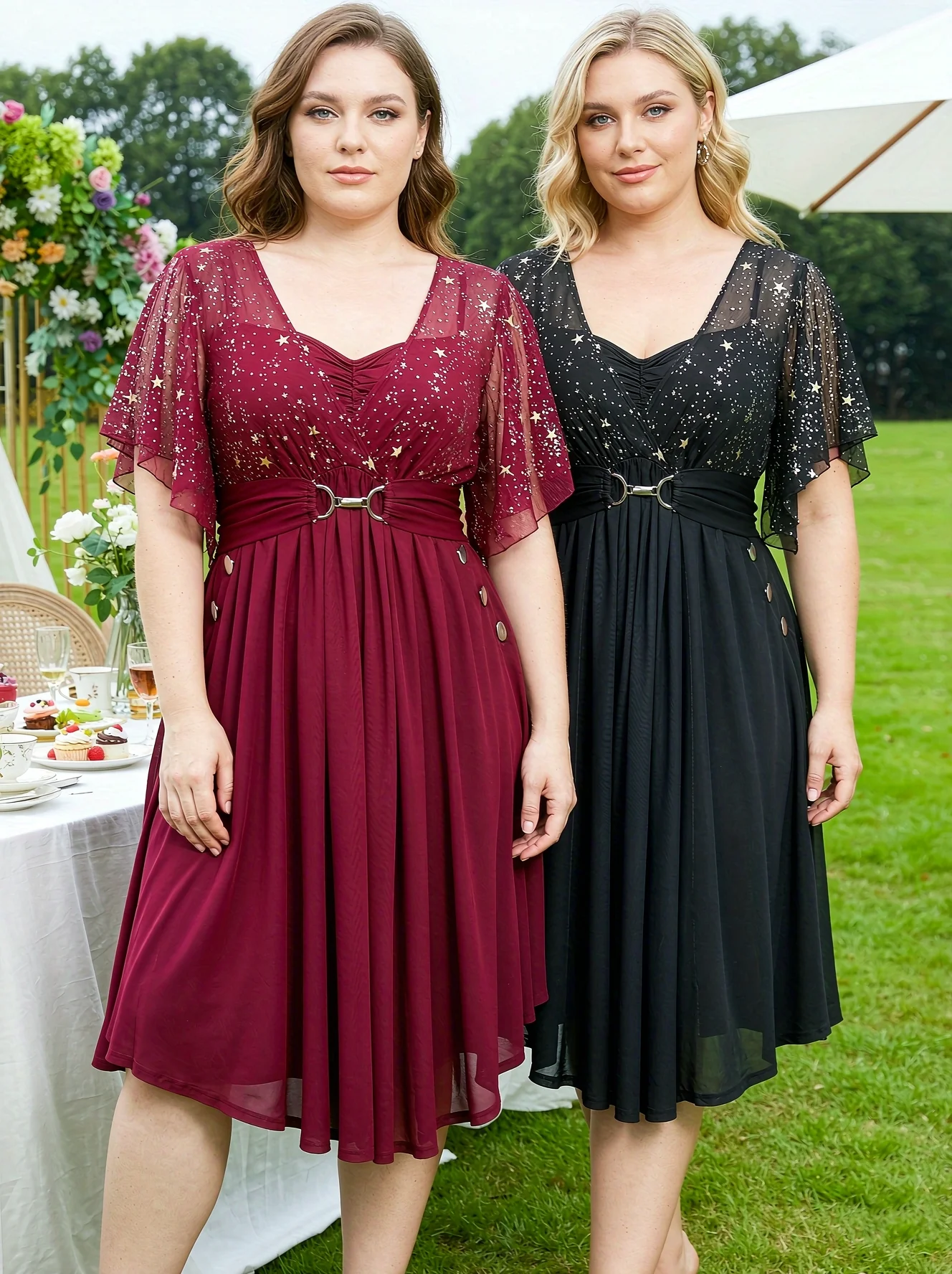 ROSEGAL Plus Size Women Dresses Stars Print Butterfly Sleeve Ruched Buckle Button Decor Summer Casual Party Dress With Pockets