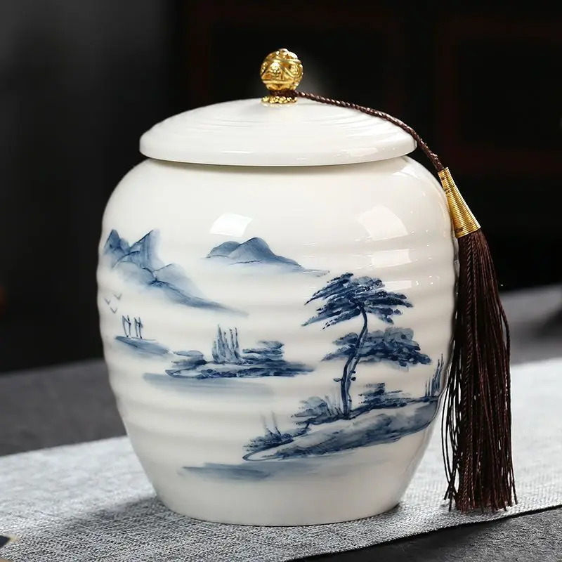 Ink Landscape Painting Ceramic Storage Jar Sealed Tea Multifunctional Container Decorative Jars