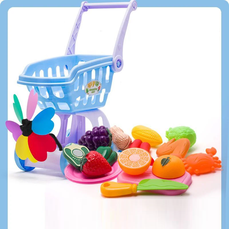 Pink Shopping Trolley Cart Supermarket Trolley Push Car Toys Basket Mini Simulation Fruit Food Pretend Play Toy for Children