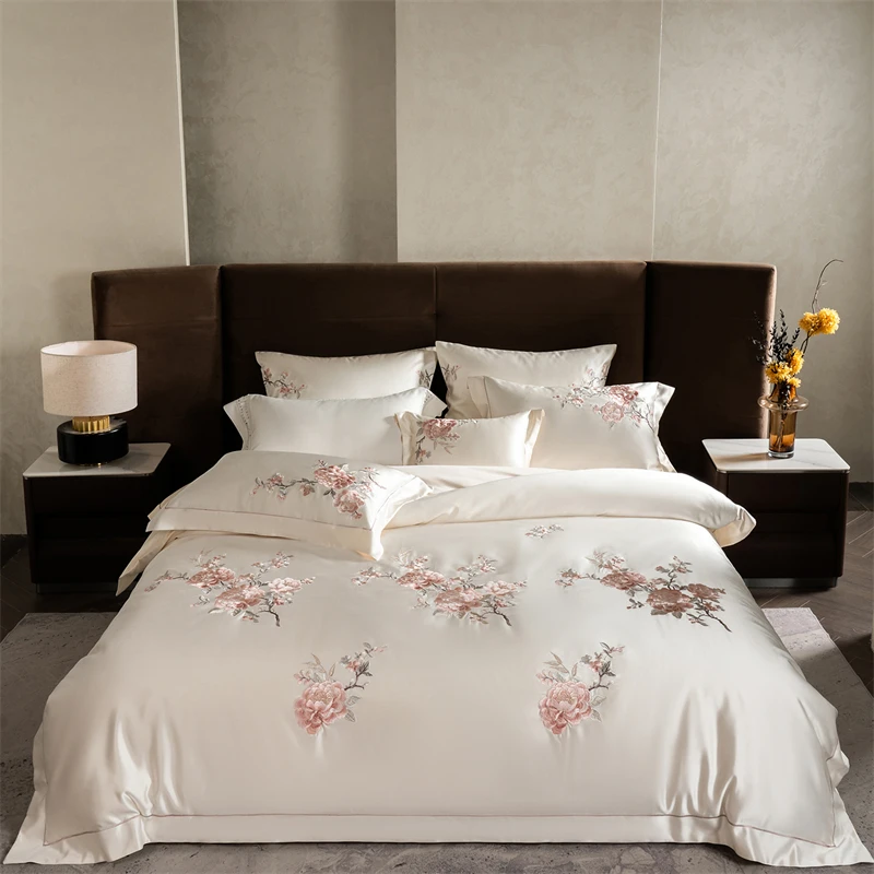 4/7Pcs Luxury Peony Flowers Embroidery Bedding Set 1000TC Egyptian Cotton Brocade Silky Soft Duvet Cover Bed Sheet Pillowcases