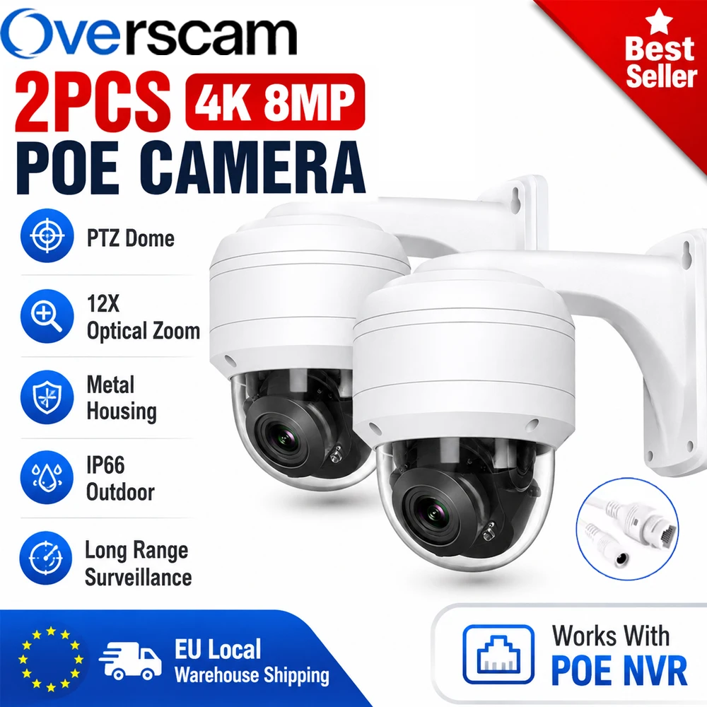 4K 8MP POE PTZ Dome-Kamera 12X Optischer Zoom Vandalismusgeschütztes Metallgehäuse IP66 Außenüberwachungskamera EU-Lager Versand Funktioniert mit POE NVR