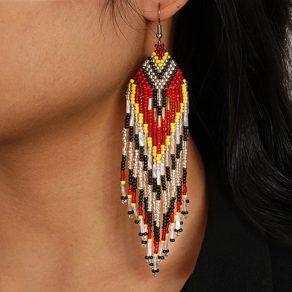 

Beaded earrings Tassel Originality Rainbow Gradient Hand knitting Versatile Bohemia Alloy Fashion Simple Rice bead earrings
