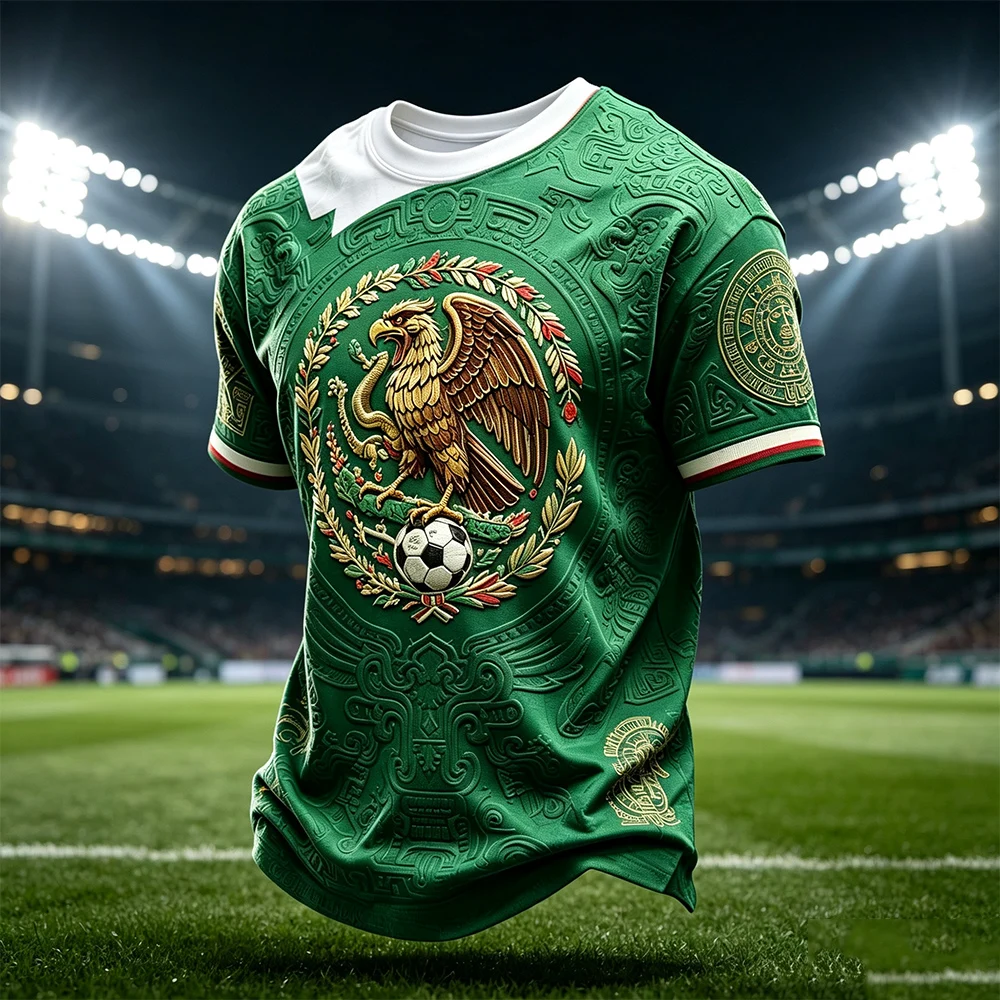 Mexiko Grünes Kreatives Konzept Fußballtrikot Neue Mode 3D-Druck Kurzarm Herren Sport-Fan Freizeit-T-Shirts Kinder Familien-Partnerlook