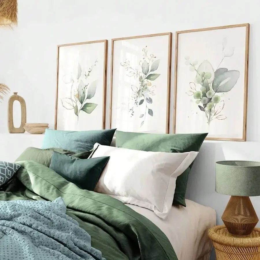 

3pcs Set Green Golden Watercolor Leaves Botanical Painting Nordic Art Plant Poster Canvas Print Minimalist Wall Picture