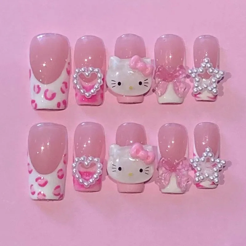 Girly Square Three-Dimensional Hellokittys Wearable Manicure French Leopard Print Mid-Length Detachable Hand-Painted Manicure