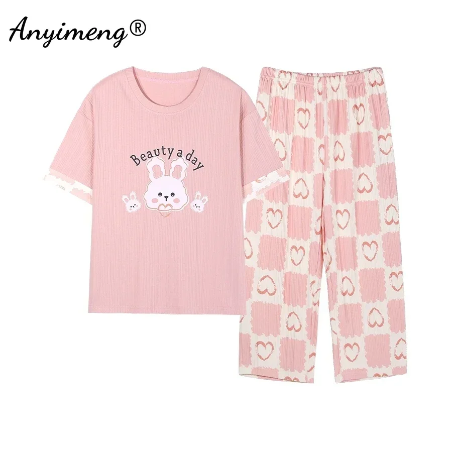 Conjunto de pijamas Capris para mujer, ropa de dormir de algodón de verano, elegante estampado Floral, ropa de descanso hasta la pantorrilla,