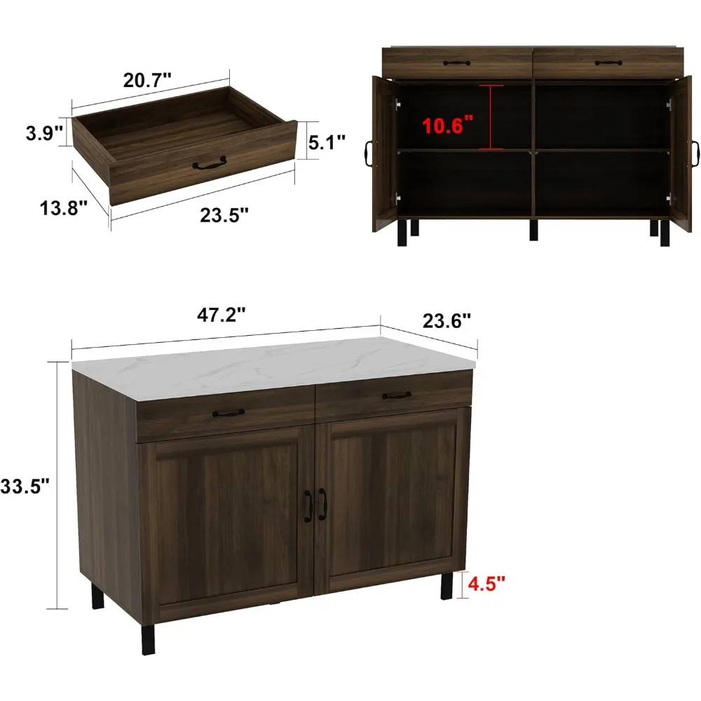 FUFU&GAGA 47" Farmhouse Buffet Sideboard Cabinet, Metal Leg Storage Cabinet with 2 Storage Drawers, 2 Doors & 4 Shelves, Buffet