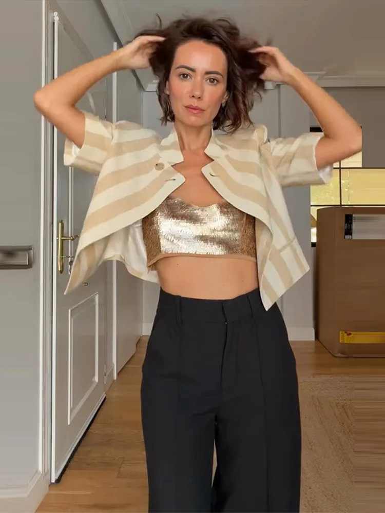 Kurzärmeliger Gestreifter Cropped-Anzugblazer für Damen, Eleganter Stehkragen, Einreihig mit Seitlicher Knopfleiste, Lockerer Mantel, Schicker Damen-Pendler-Oberteil – Detail 4