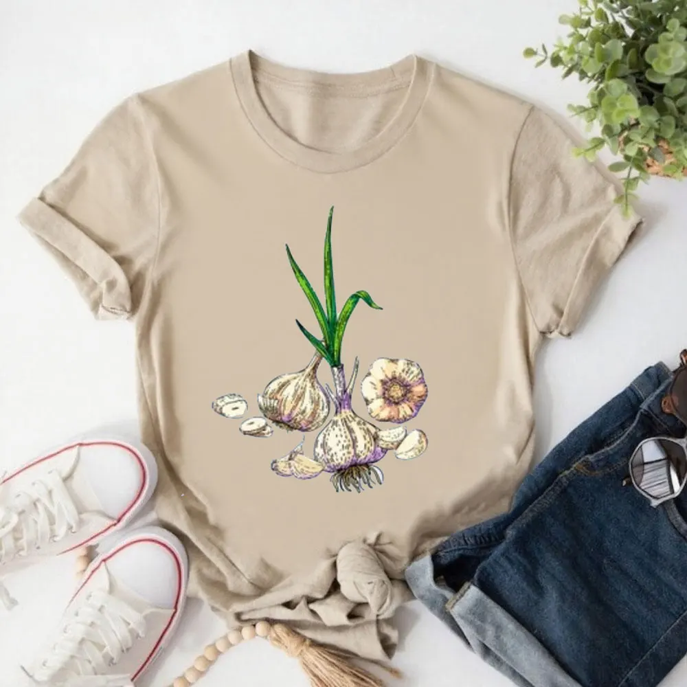 Garlic Tee Aromatics Botanical Garden Aesthetic Clothing Garlic Cottage Core Casual T-Shirt Summer O-neck Women Clothes