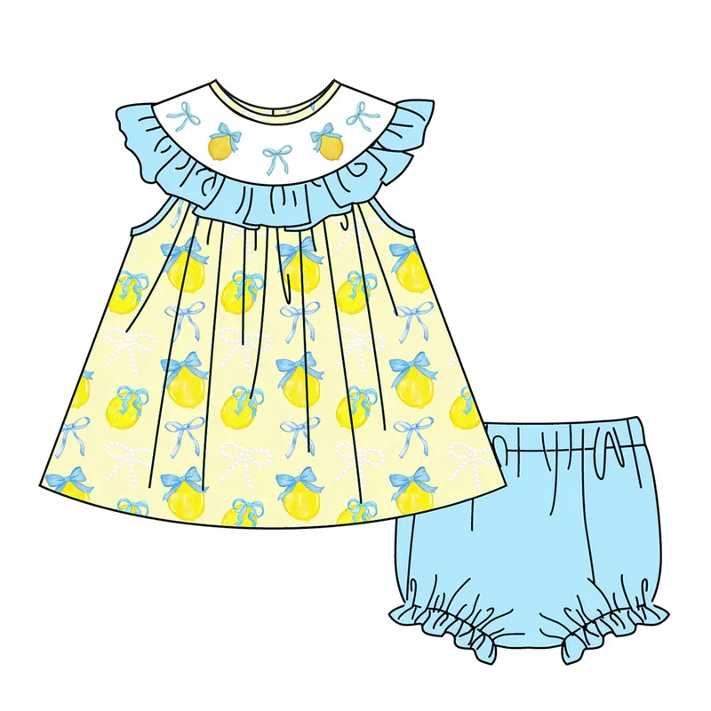 Wholesale Children's Clothing Lemon Bow Print Blue Boy Suit Yellow Girl Suit Newborn Bubble Romper Boutique Children Suit image 3
