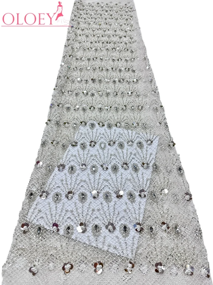 

OLOEY Luxury African Beads Lace Fabric High Quality Lace French Nigerian Groom Sequins Lace Fabrics For Wedding Party Dress