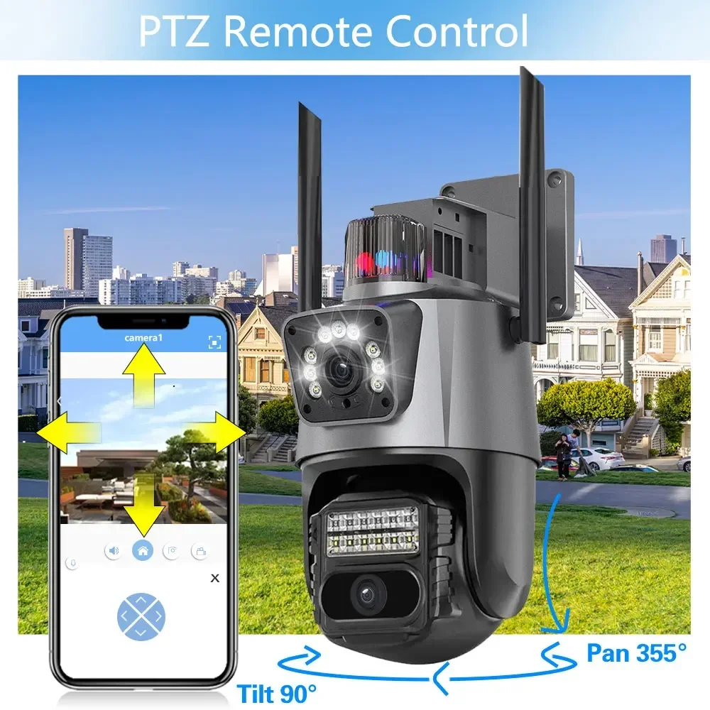 กล้องตรวจการณ์ใน IP66 4K 8MP Tuya WIFI กล้องวงจรปิด2เลนส์สองหน้าจอติดตามอัตโนมัติกลางแจ้งกันน้ำการมองเห็นได้ในเวลากลางคืนสี