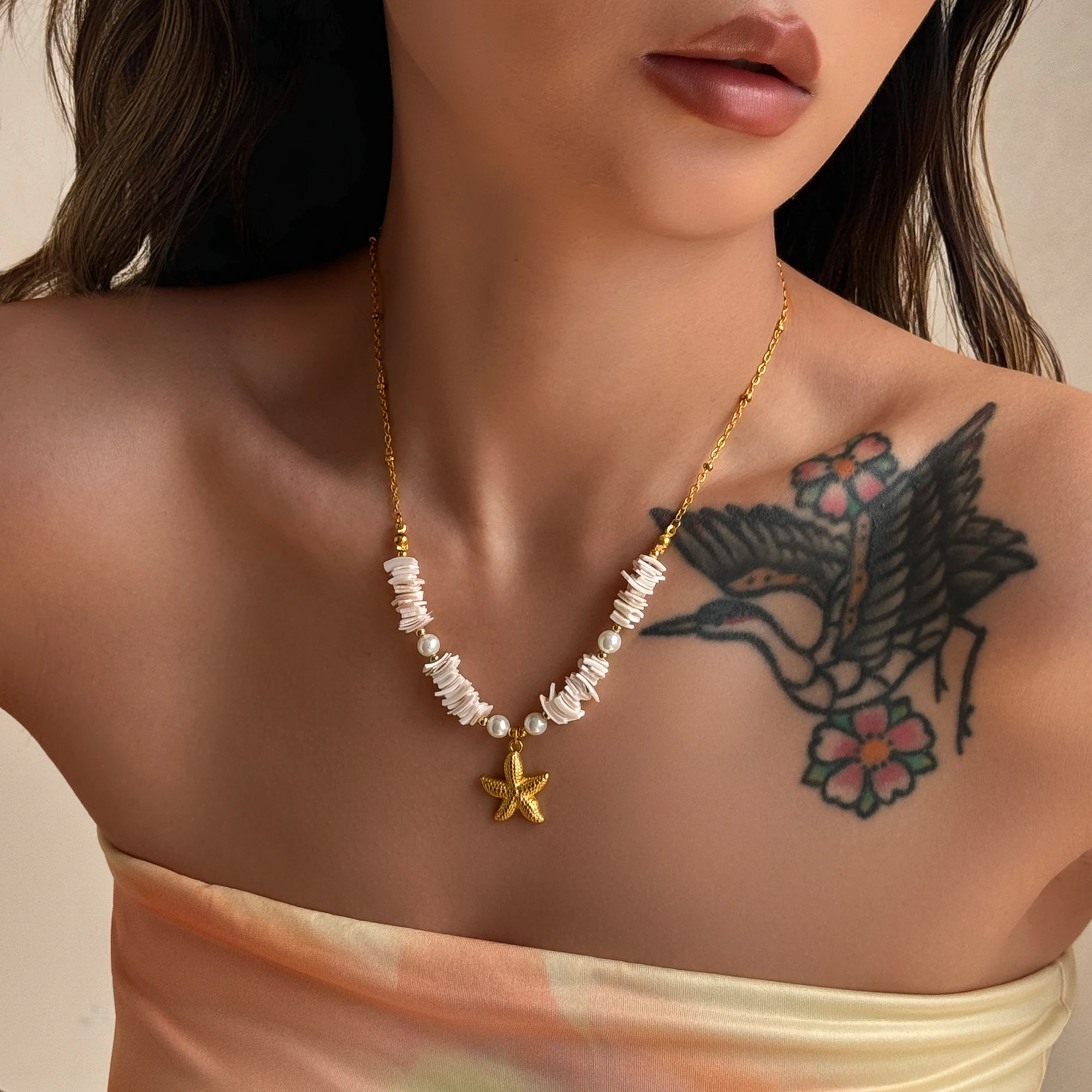 

DASEIN Boho Starfish Shell Dangle Handmade Necklace for Women Girls 18k Gold Plated Stainless Steel Holiday Jewelry Accessories