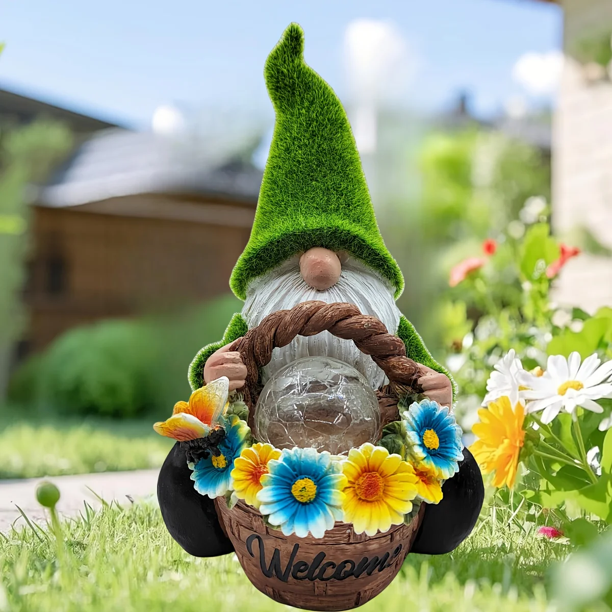 Outdoor Garden Solar Statue Light, Solar Gnome Statue for Garden Decor, Resin flocking dwarf flower basket with cracked glass ball statue light, for Outdoor Patio Lawn Ornament Balcony Yard Home Decor