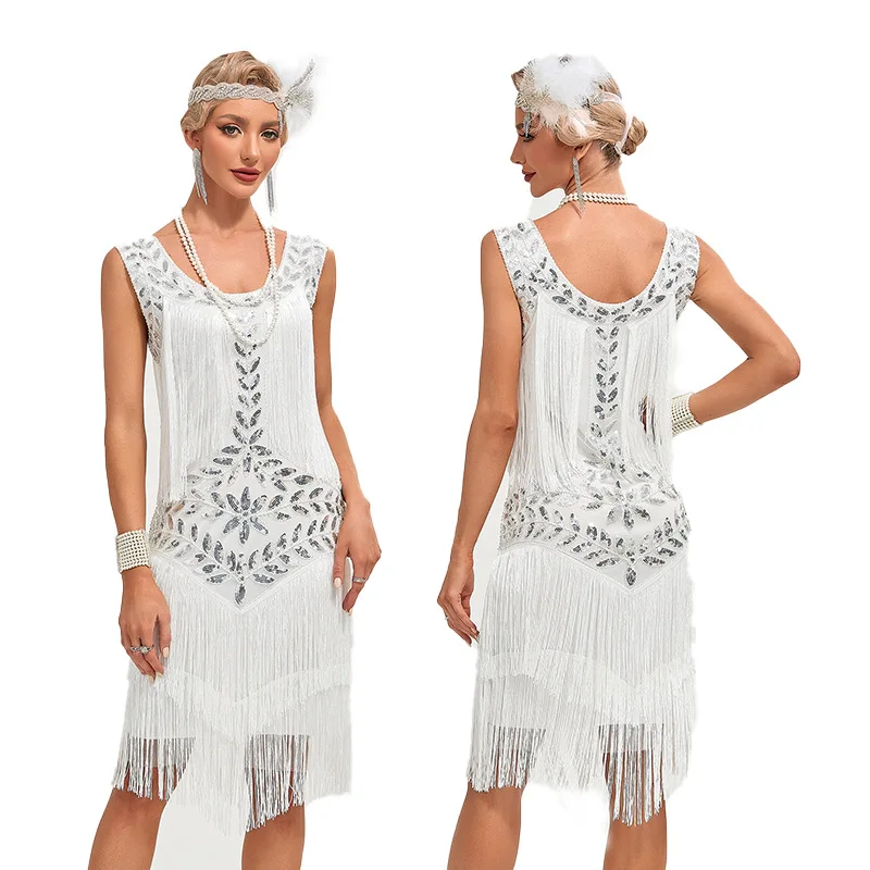 4-colors 1920S Flapper Vintage Gatsby Cocktail Ball Dress Dance Dress Round Neck Sequin Beaded Tassel Tank Top Large Dress