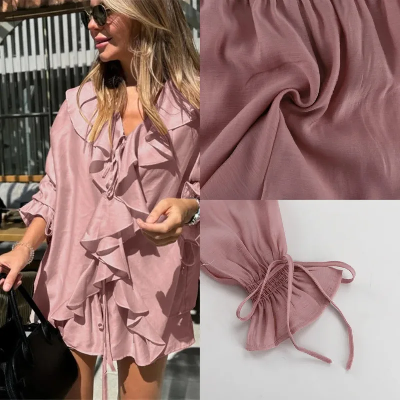 

Summer New Ruffle Casual Set French Bell Sleeve Blouse Relaxed Fit Solid Color Shorts Set Women V-Neck Shirred Tie-Front Blouse