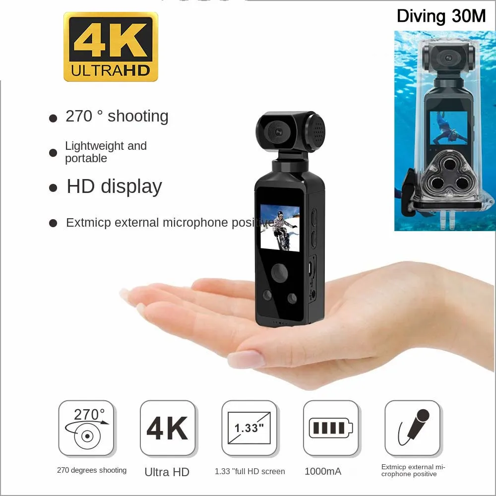 4K Ultra HD Pocket Action Camera 270° Rotatable Vlog Wifi Anti Shaking Sports Camera Helmet Travel Bicycle Driver Recorder