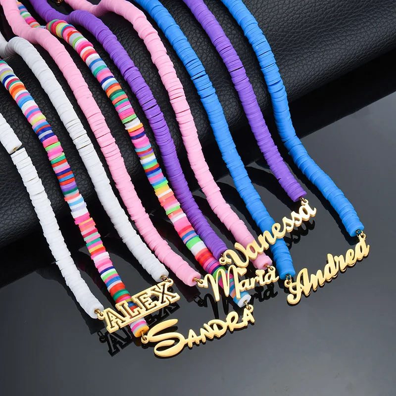 Duoying Personalized Soft Pottery Beaded Name Necklace, Nameplate Bracelet Stainlee steel Custom Necklace Bracelet Jewerly Set