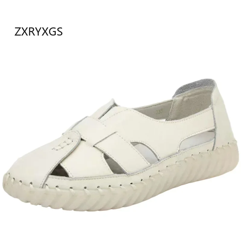 

ZXRYXG Summer Women's Sandals 2025 Large Size Genuine Leather Hollowed Out Anti Slip Flat Soft Sole Comfortable Casual Sandals