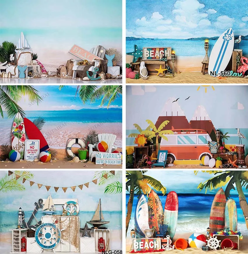 Summer Beach Backdrop Surfboard Van Palm Tree Holiday Seaside Photography Background Baby Portrait Photocall Photobooth