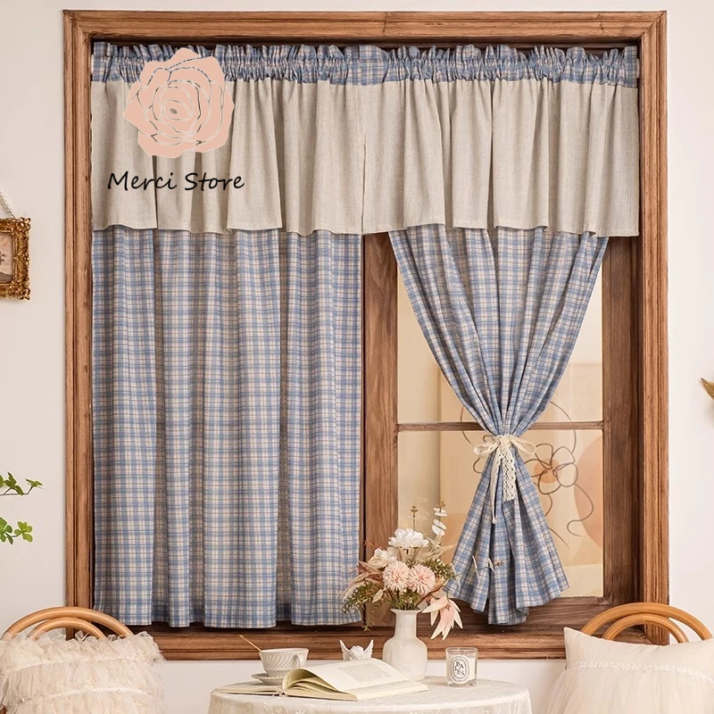 

Curtains For Kitchen French Retro Sky Blue American Country Style Cotton Linen Door Curtain Thermal Insulated Custom Size Ready